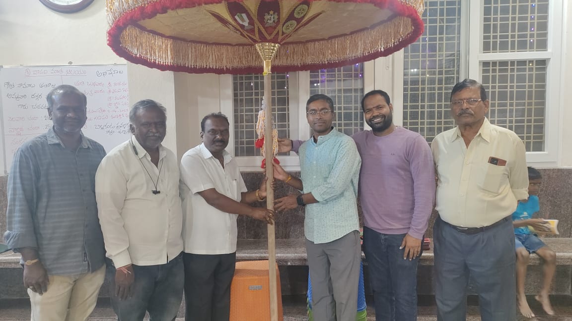 Vasavi Foundation, Telangana Wing – Donation of Temple Umbrella and Education Support by Foundation State President Sri Pawan Guptha and Foundation State Secretary Sri Swaraj.